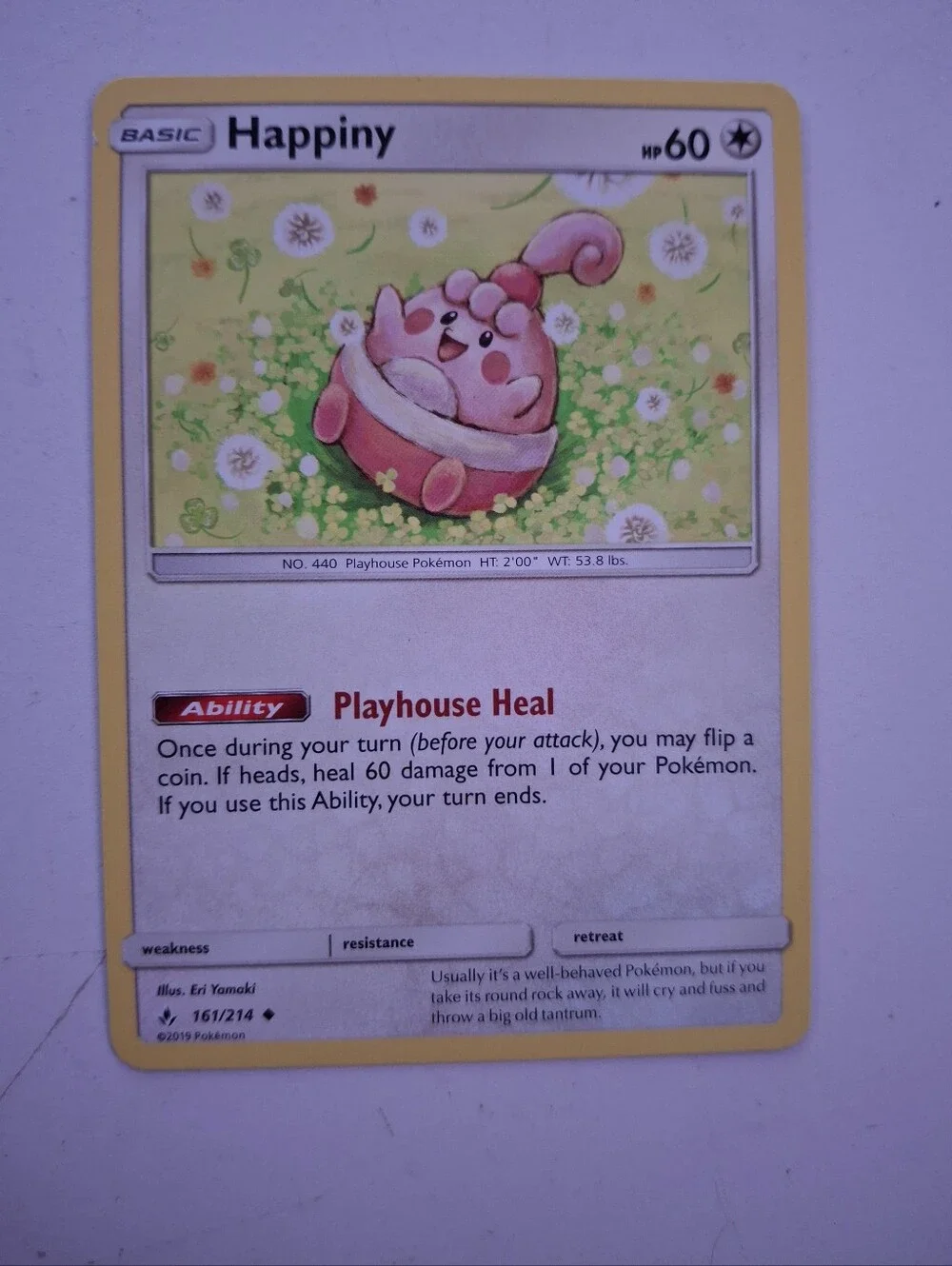 Happiny Pokémon Trading Card Yellow Border Pink Character